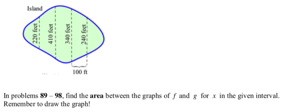 Island 220 feet 410 feet 340 feet 240 feet 100 ft In problems 89 - 98, find the area between the graphs of f and g for x in t