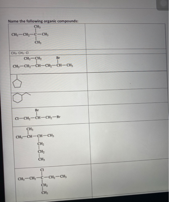 Name the following organic compounds: CH CH, --CH2-C-CH CH CH3-CH2-C1 CH3-CH, Br CH3-CH2-CH-CH2-CH-CH3 Br CI-CH2-CH-CH2-Br Сн