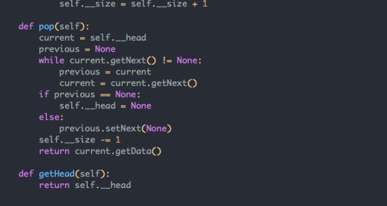 self.__size self.__size + 1 def pop(self): current = self.__head previous = None while current.getNext() != None: previous =