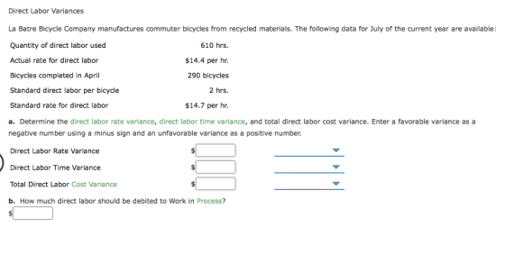 Direct Labor Variances La Batre Bicycle Company manufactures commuter bicycles from recycled materials. The following data fo