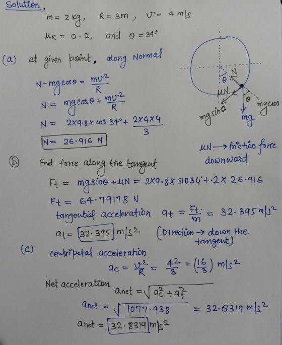 Solution, 2 kg) MK = 0.2, m= R=3m v= 4 m/s and o=34 mu2 R HN N= mgcose + muz R masina (a) at given point, along Normal N-mg