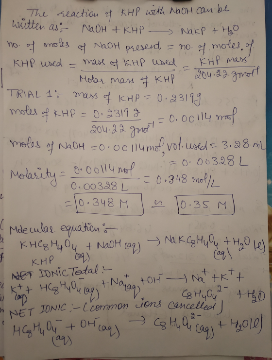 The reaction of KHP with NaOH can be an I written as NaOH + KHP - Nakp + H₂O no. of moles of NaOH present = no. of moles of K
