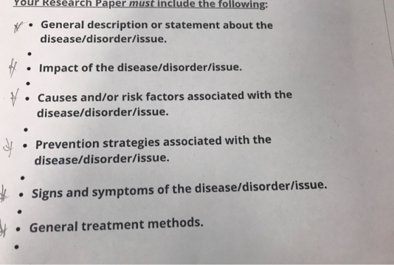 ur Research Paper must include the following: General description or statement about the disease/disorder/issue. Impact of th