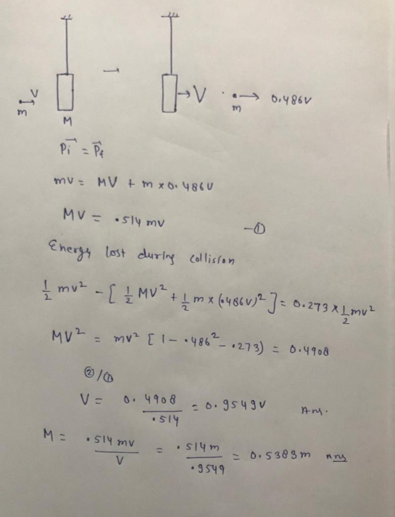 ہ lov 316 -0.486V M Pipe mu= MV tm x 0.4860 MV= .514 mv Energy lost during collision - [ 1 MU² + 1 mx (6486 V2] = 0.273 x L m