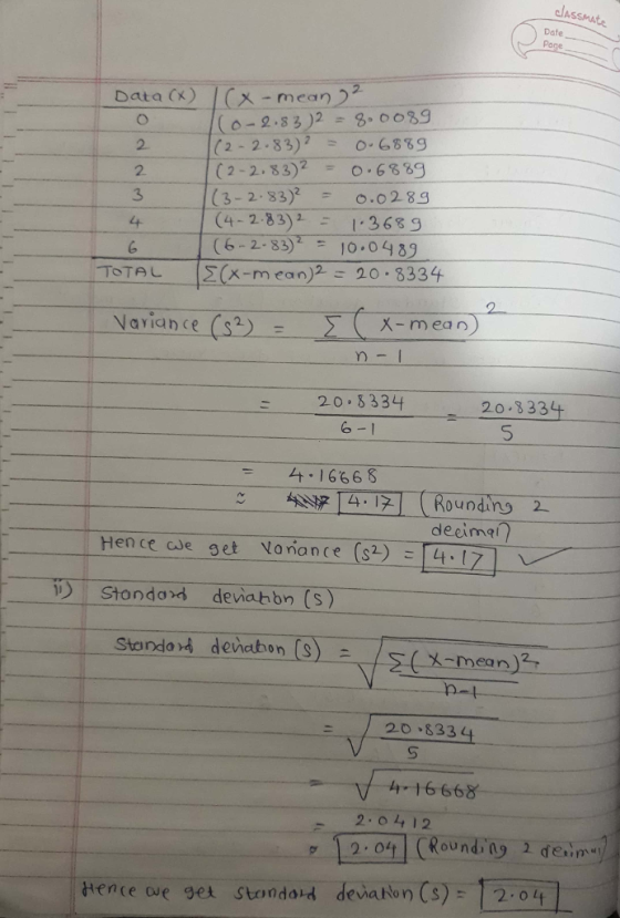 c/A ASSMAt Date Data () x -mean -9.8 3)28. 0039 |(2-2-83)2-0-68%s (2-2-83)2 0.6889 (3-2.33) o.0 283 (4-2-83)2-1.3689 (6-2-83)Σ - 10:0483 2 2. 3 4 TOTAL IS(x-mean) 2 20-3334 Varianse(mean X-m ean) n-I : 20 8 334 20.8334 5 - 41666 S ounding 2 deeimei Hence we get Vona nce(s2) 17. 20 ,8334 4-16668 2.0412