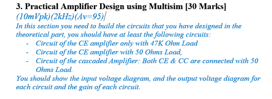 3. Practical Amplifier Design using Multisim [30 Marks] (10mVpk) (2kHz) (Av=95)/ In this section you need to build the circui