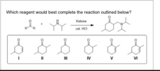 Which reagent would best complete the reaction outlined below? Ketone cat. HCI im My & & مرے IV V VI