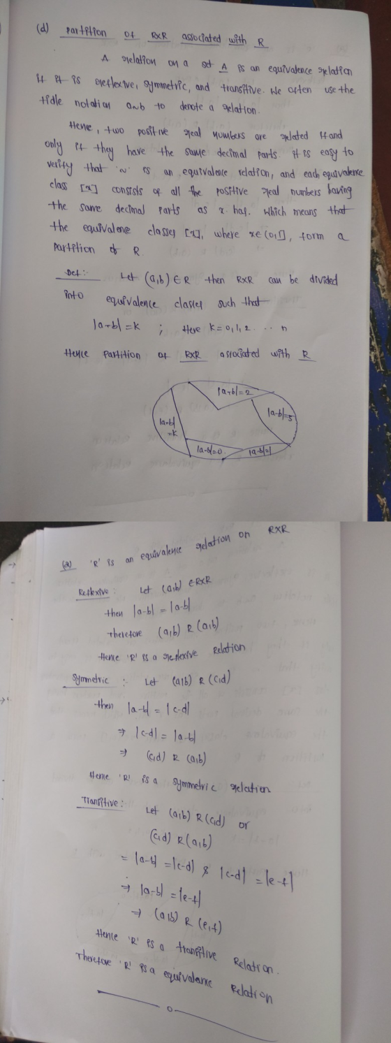 (d) partition of RxR associated with R. A relation on a set Aps an equivalence relation it it is deflexive, symmetric, and tr