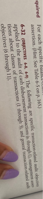 equired for each specific balance-ruut assertion. (Hint: See Table 6-5 on p. 165.) 6-32 (OBJECTIVES 6-8, 6-9) The following a
