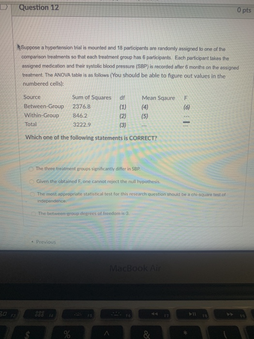 Question 12 0 pts Suppose a hypertension trial is mounted and 18 participants are randomly assigned to one of the comparison