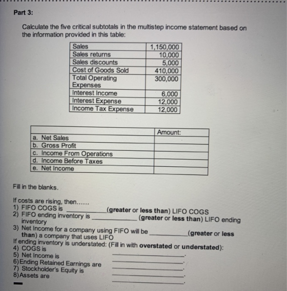Part 3: Calculate the five critical subtotals in the multistep income statement based on the information provided in this tab