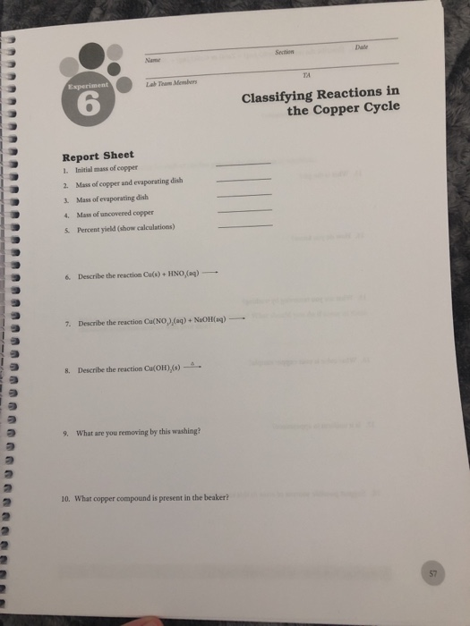 Date La Than Mews TA Classifying Reactions in the Copper Cycle Report Sheet 1. Initial mass of copper 2. Mass of copper and e