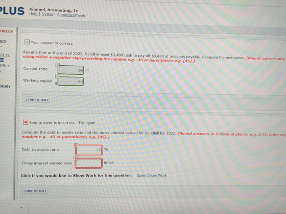 PLUS Kimmel, Accounting, Help System Announcements URCES Your answer is correct. 14 al Assume that at the end of 2022, Sandhi