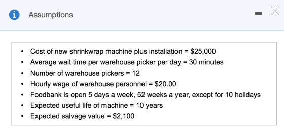 A Assumptions • Cost of new shrinkwrap machine plus installation = $25,000 • Average wait time per warehouse picker per day =