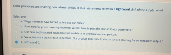 Some producers are chatting over a beer. Which of their statements refers to a rightward shift of the supply curve? Select on