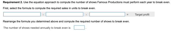 Requirement 2. Use the equation approach to compute the number of shows Famous Productions must perform each year to break ev
