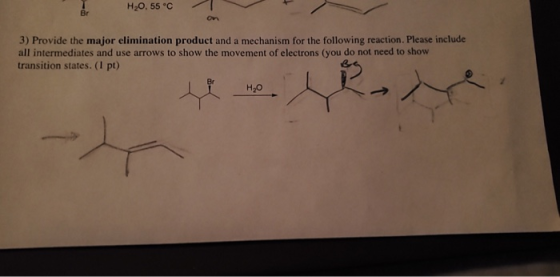 H20.55°C 3) Provide the major elimination product and a mechanism for the following reaction. Please include all intermediate