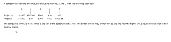A company is analyzing two mutually exclusive projects, S and L, with the following cash flows: 1 2 3 Project S Project L - $