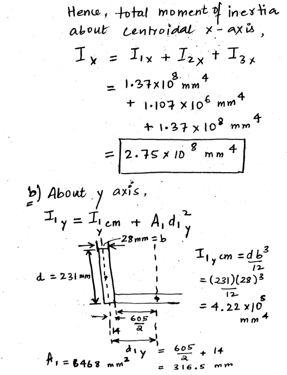 Hence, total moment of inertia about centroidal x-axis, Ix = Ilx + Izy + 13x = 1.37x108 mm + 1.107 x 106 mm . + 1.37x108 mm 4