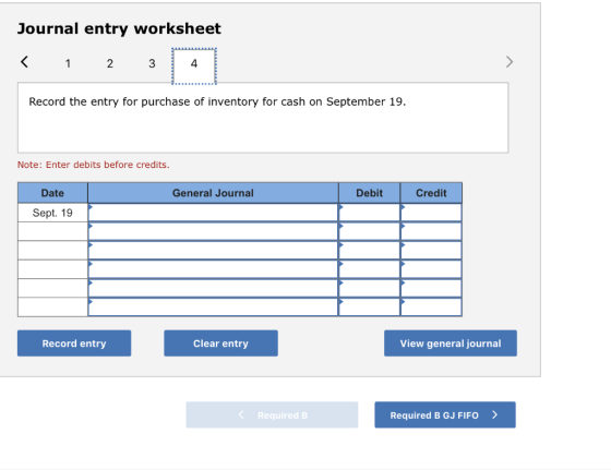 Journal entry worksheet < 1 2 3 Record the entry for purchase of inventory for cash on September 19. Note: Enter debits befor