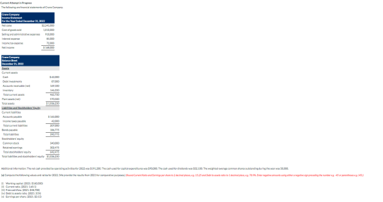 Current Attempt in Progress The following are financial statements of Crane Company. Crane Company Income Statement For the Y