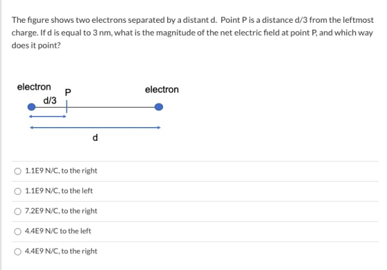 The figure shows two electrons separated by a distant d. Point P is a distance d/3 from the leftmost charge. If d is equal to
