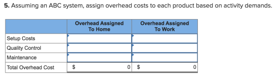 5. Assuming an ABC system, assign overhead costs to each product based on activity demands. Overhead Assigned To Home Overhea