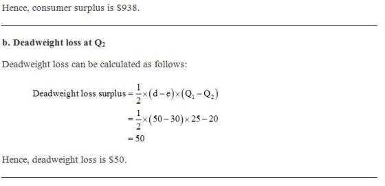 Hence, consumer surplus is $938 b. Deadweight loss at Q2 Deadweight loss can be calculated as follows Deadweight loss surplus