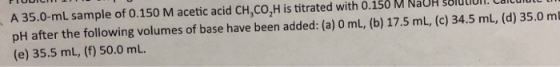 A 35.0-mL sample of 0.150 M acetic acid CH,CO,H is titrated with 0.150 M NaOH soldtion. Calcua pH after the following volumes