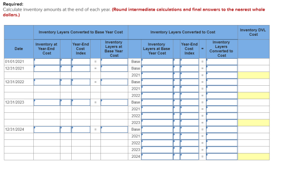 Required: Calculate inventory amounts at the end of each year. (Round intermediate calculations and final answers to the near