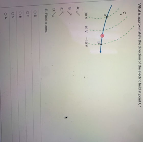 What is approximately the direction of the electric field at point C? с AT Ві 1 1 1 30 V 10 V -10 V B. ca D. E. Field is zero