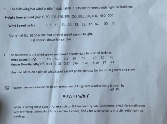 The following is a wind gradient data taken in city environment with high rise buildings: 1. Height from ground (m): 0,50, 10