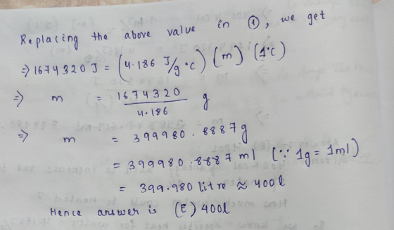 Replacing the above value en 6, we get 71644320 J = (4.186 )a «c)(m) (40) => m - 1674320 g u. 186 m = 3.99980. 88879 = 399980