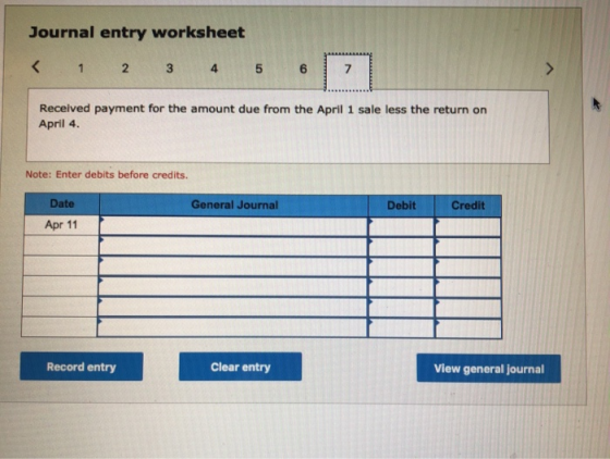 Journal entry worksheet < 1 2 3 4 5 6 Received payment for the amount due from the April 1 sale less the return on April 4. N
