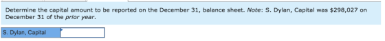 Determine the capital amount to be reported on the December 31, balance sheet. Note: S. Dylan, Capital was $298,027 on Decemb