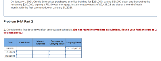 On January 1, 2021, Gundy Enterprises purchases an office building for $261,000, paying $51,000 down and borrowing the remain