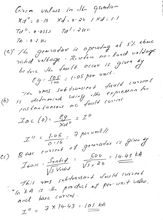 7 perunit // Circan values in the question xas xda oias / xd=11 Tal=2seo -0.15 Td: 00355 TA :012 de rated voltage Lo (4) Th