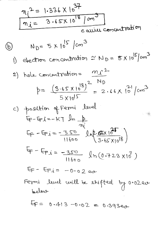 7 |3 3.6SX 10 cauiu conontyation om3 IS elecon cen contradion ND= 5X ld 2 - 2)hole Concontration = ND 2 P (3.65x8 5 x10 21 2