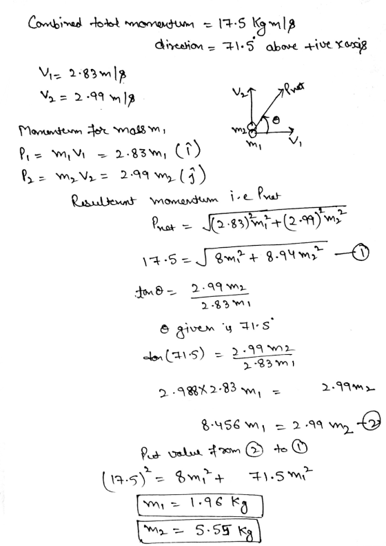 Combined total momentum = 17.5 kg ml? direction = 71.5 above tive xascię V=2.83m18 V2 = 2.99 m 18 Vg1 7 Pret Lot 1 Momenturm