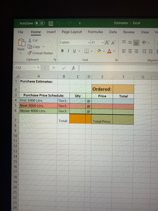 Estimates - Excel Data Review View Page Layout Formulas H AutoSave Off File Home Insert X Cut ЦЬ Copy Paste Format Painter Cl