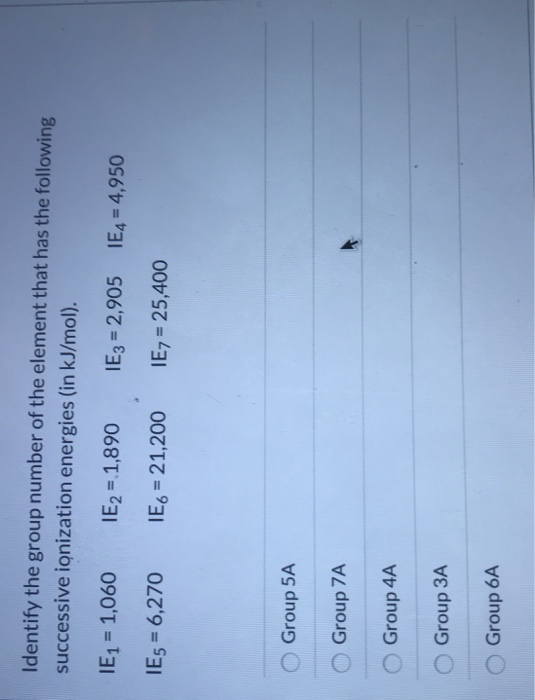 Identify the group number of the element that has the following successive ionization energies (in kJ/mol). IE1 = 1,060 IE5 =