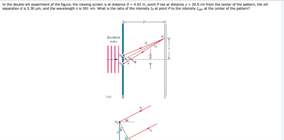In the double-slit experiment of the figure, the viewing screen is at distance D = 4.92 m, point P lies at distance y = 20.9