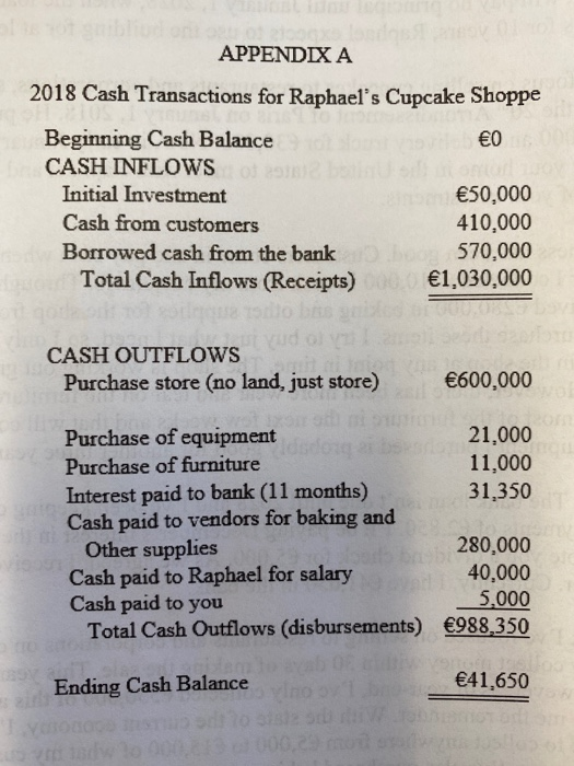 APPENDIX A 2018 Cash Transactions for Raphaels Cupcake Shoppe €0 Beginning Cash Balance CASH INFLOWS USA Initial Investment