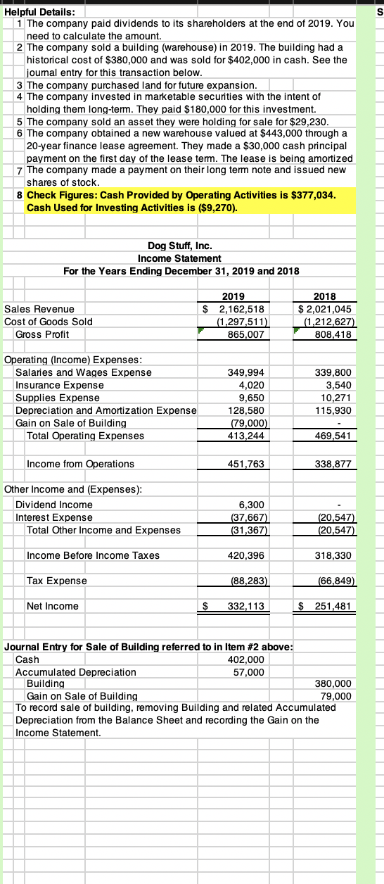 Helpful Details: 1 The company paid dividends to its shareholders at the end of 2019. You need to calculate the amount. 2 The