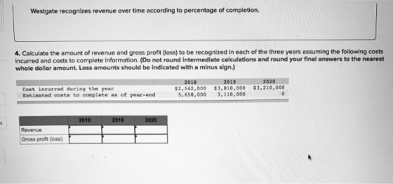 Westgate recognizes revenue over time according to percentage of completion 4. Calculate the amount of revenue and gross profit (loss) to be recognized in each of the three years assuming the following costs incurred and costs to complete information. (Do not round intermediate calculations and round your final answers to the nearest whole dollar amount. Loss amounts should be indicated with a minus sign.) 2019 2,542,000 $3,810,000$3,210,000 2018 2020 Cost incurred during the year Estimated costs to eomplete as of year-end s, 658,000 3, 110,000 Revenue Gross profit (loss)