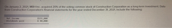 On January 2, 2021, MBH Inc. acquired 20% of the voting common stock of Construction Corporation as a long-term investment. D