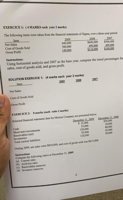 EXERCICE 1: (4 MARKS each year 2 marks) The following items were taken from the financial statements of Sigma, over a three-y