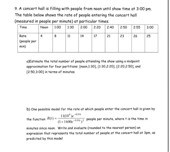 9. A concert hall is filling with people from noon until show time at 3:00 pm. The table below shows the rate of people enter