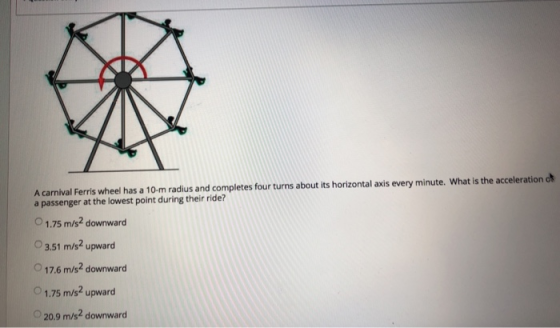 horizontal axis every minute. What is the acceleration c A carnival Ferris wheel has a 10-m radius and completes four turns a