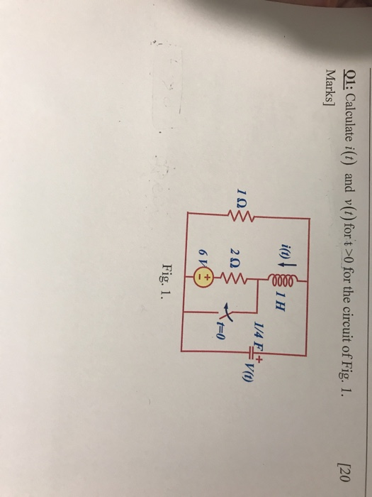 [20 Q1: Calculate i(t) and v(t) fort>0 for the circuit of Fig. 1. Marks] i()81H 1Ω Fig. 1.